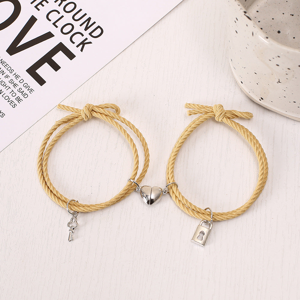 UNI-11722 - Yellow  Lock & Key Magnetic Heart - Bracelet Set