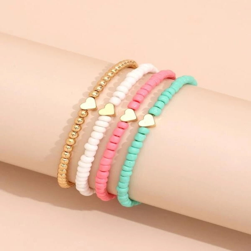 UNI-10706 - Foiled Heart Beaded - Bracelet Set of 4