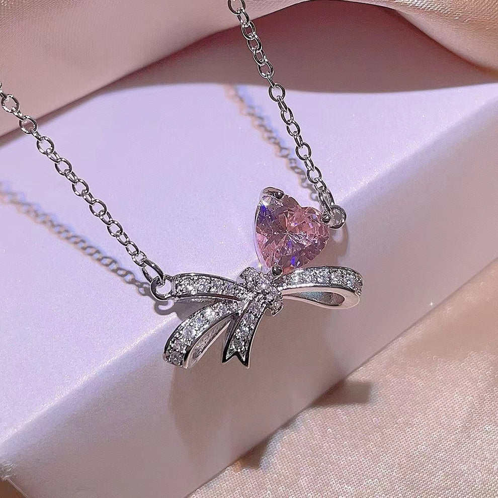 UNI-11035-1 - Bow Heart Diamond Silver - Necklace