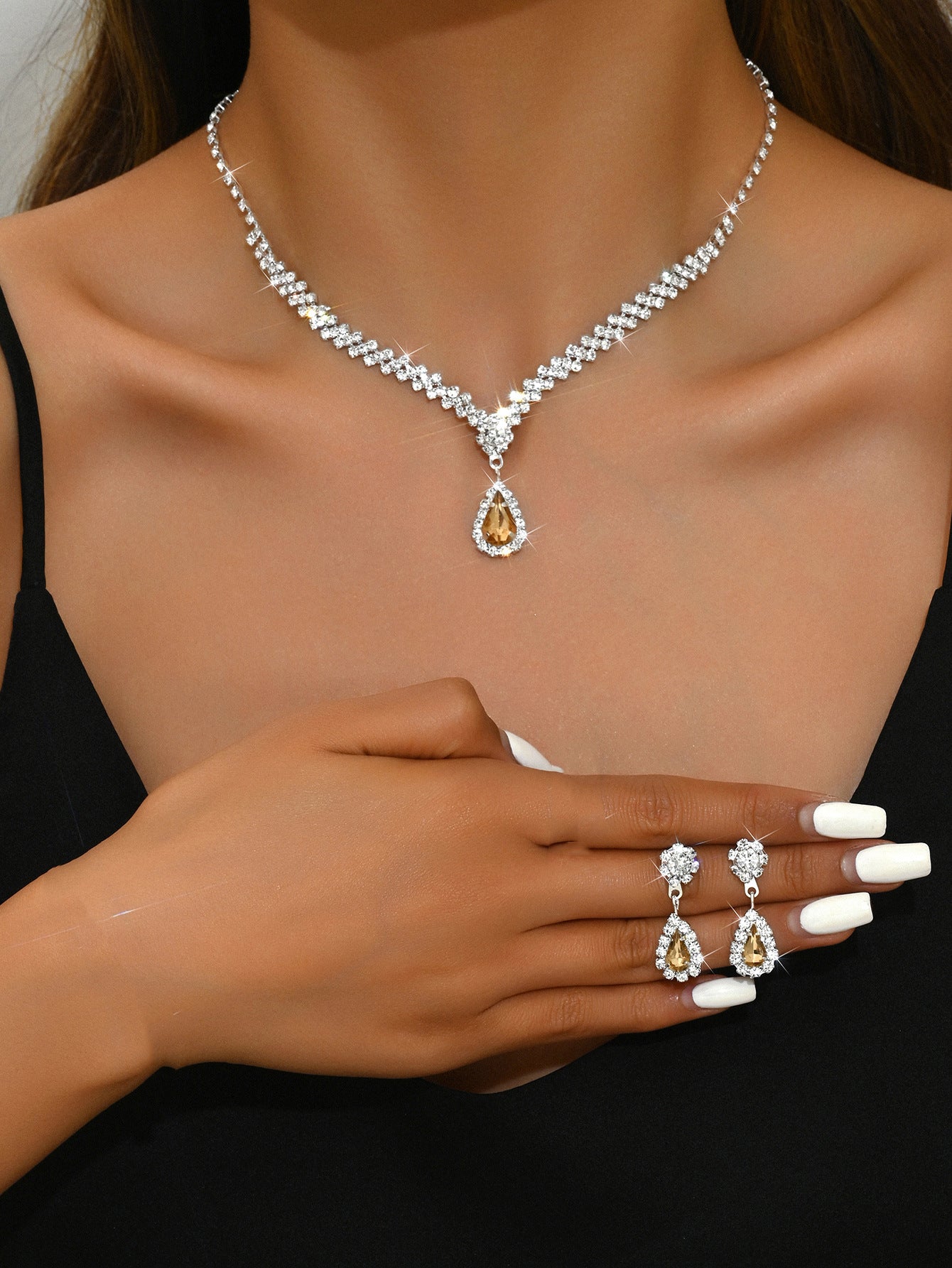 UNI-11361 - Champagne Luxury Diamonds Silver - Jewelry Set