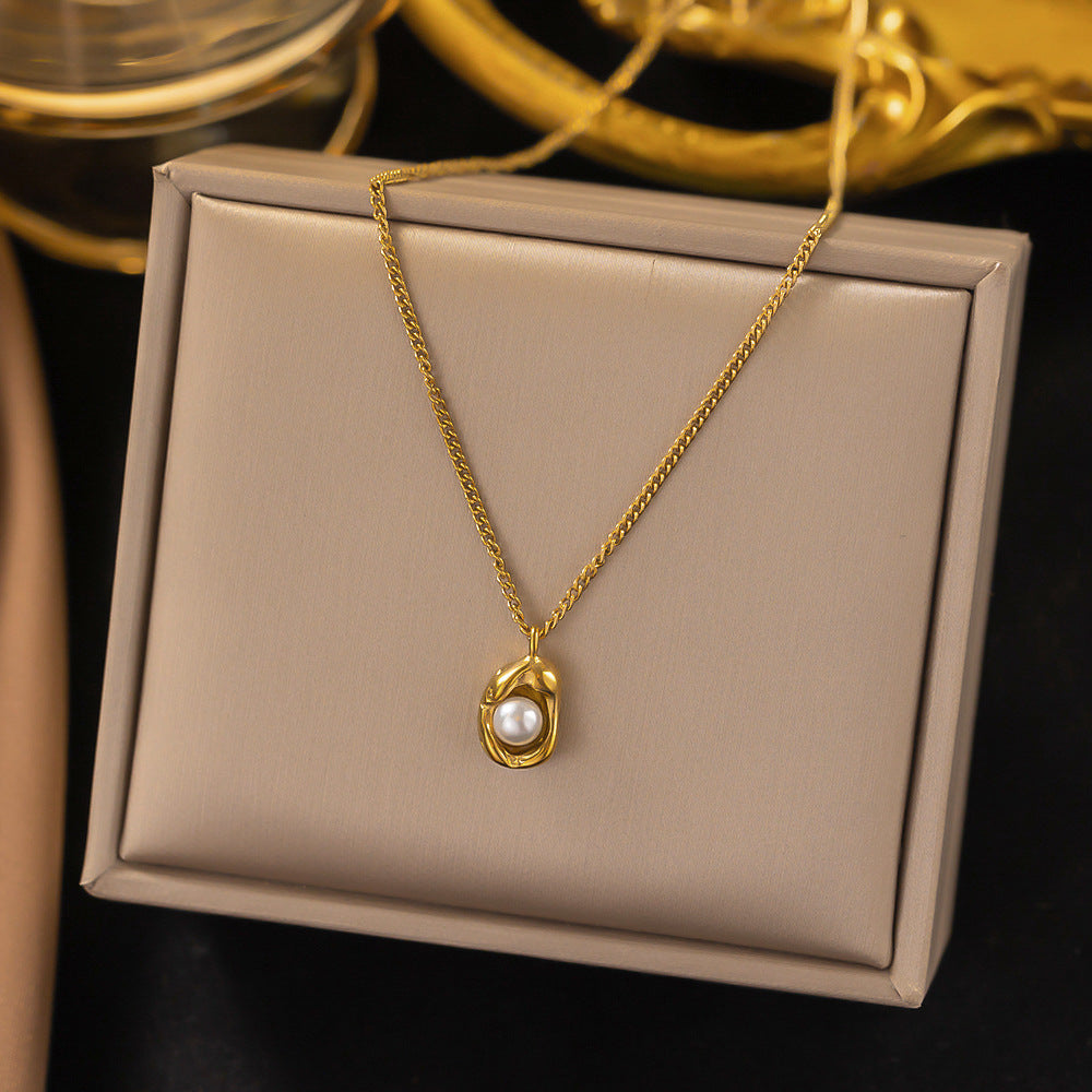 SS-10827 - White  Pearl & Gold Chain - Necklace