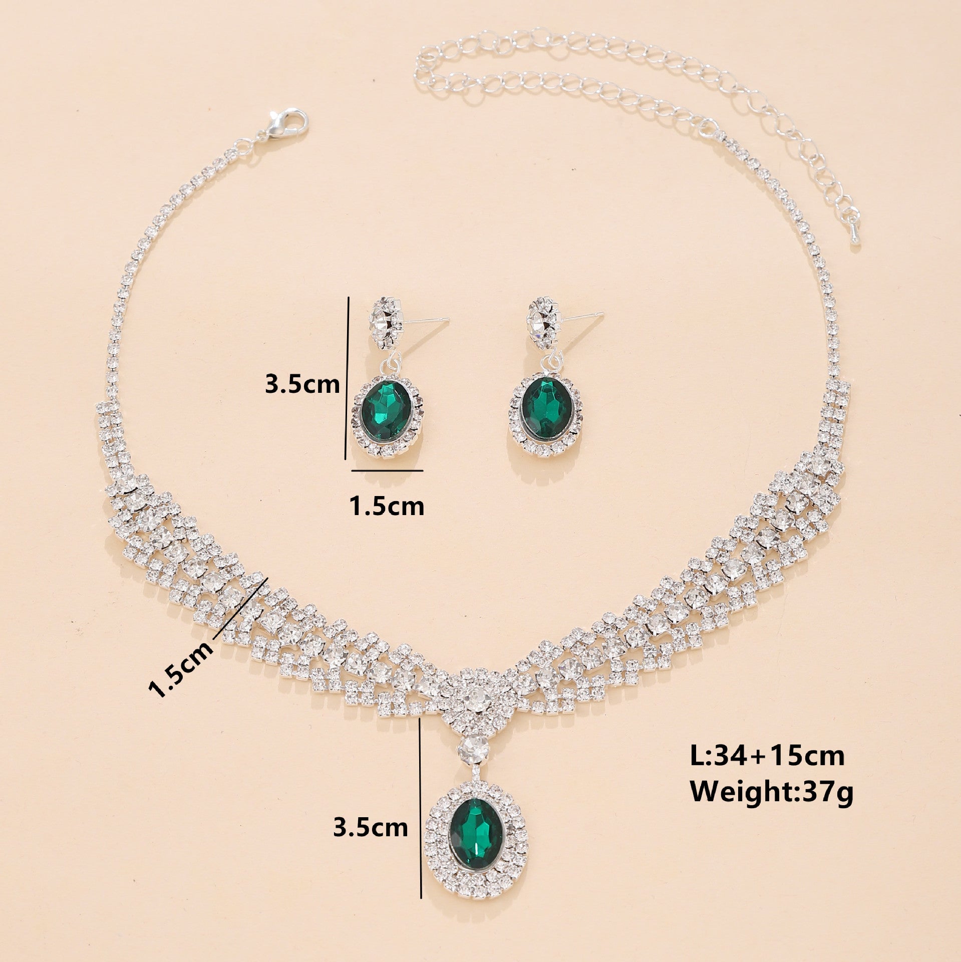 UNI-11942 - Premium Green & White Diamonds Silver - Jewelry Set