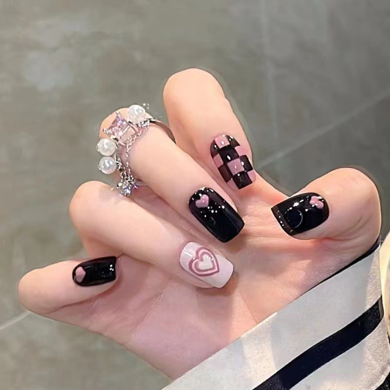 N-173 - Black & Pink Grid & Pastel Heart - Press On Nail Set Of 24