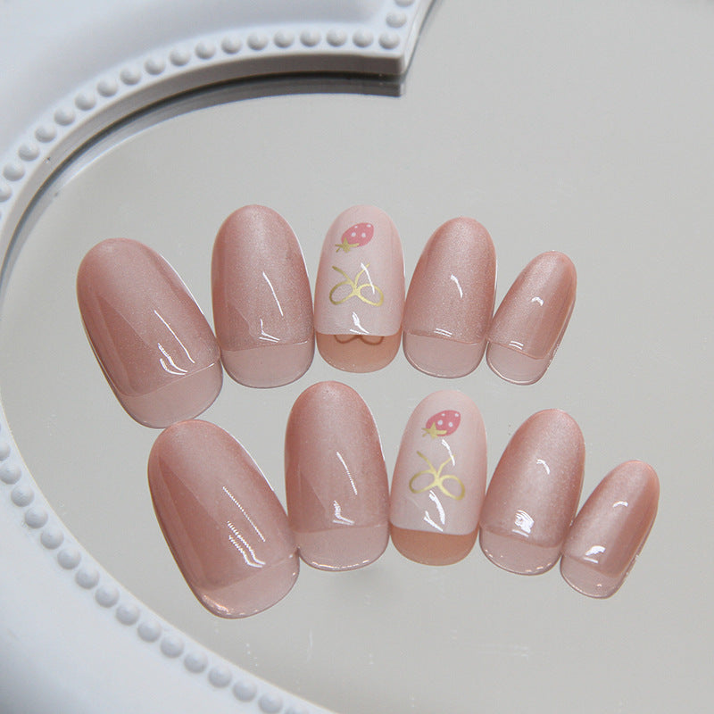 N-175 - Bow & Strawberry Pink Shiny - Press On Nail Set Of 24