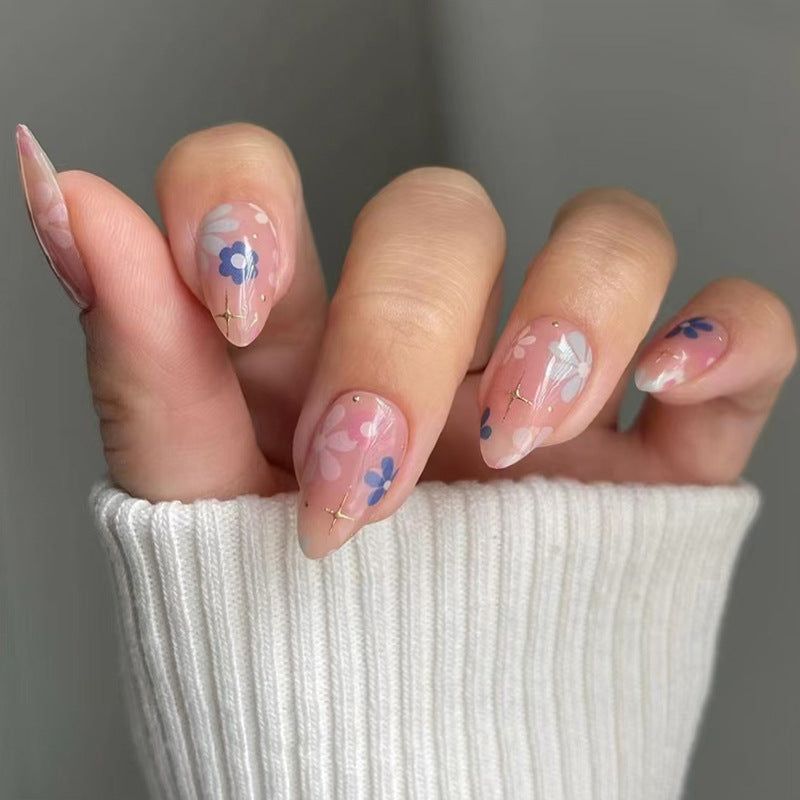 N-492 -  Flowers Pink - Press On Nail Set Of 24 - Free 24 Pcs Sticker Sheet Included