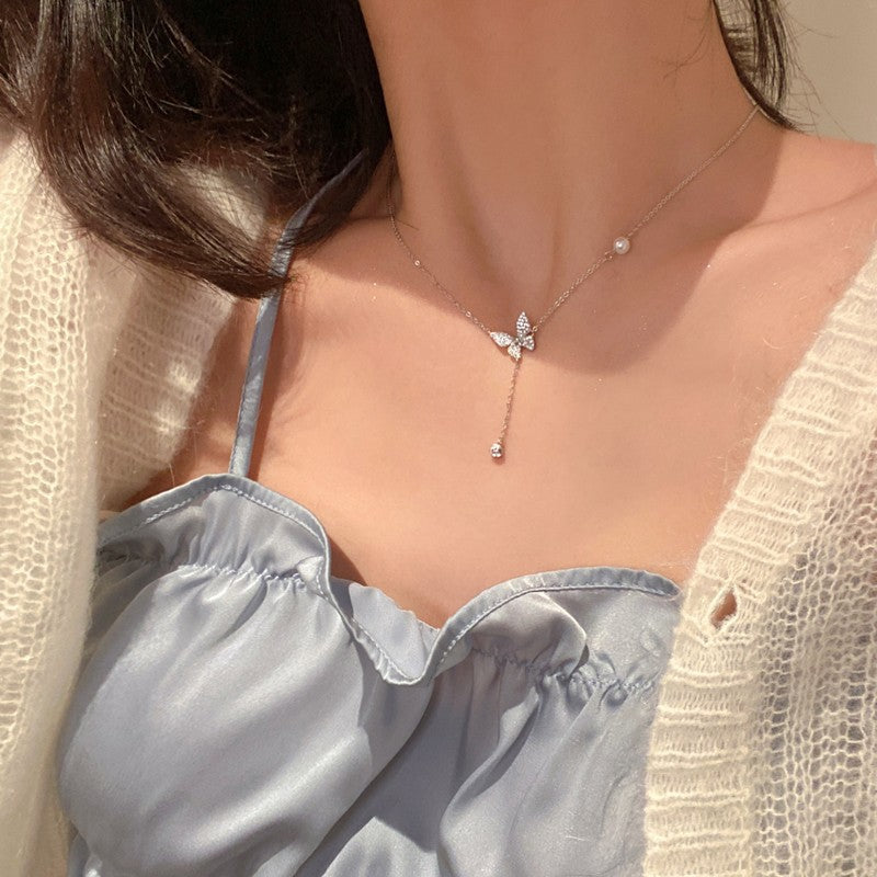 UNI-10876 - Pearl & Butterfly Silver - Necklace