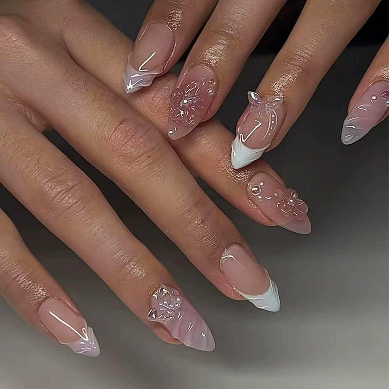 N-466 -  Crystal Butterfly & Flowers - Press On Nail Set Of 24 - Free 24 Pcs Sticker Sheet Included