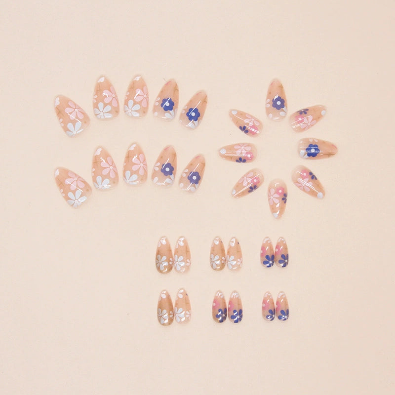 N-492 -  Flowers Pink - Press On Nail Set Of 24 - Free 24 Pcs Sticker Sheet Included