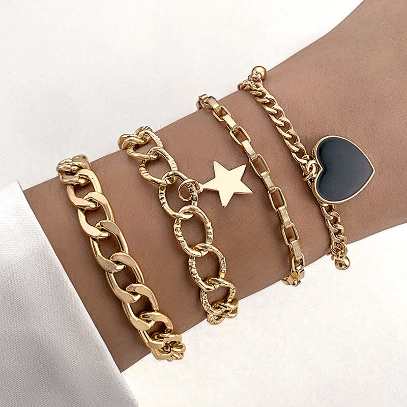 UNI-10791 - Black Heart & Star Charms Gold Chain  - Bracelet Set of 4