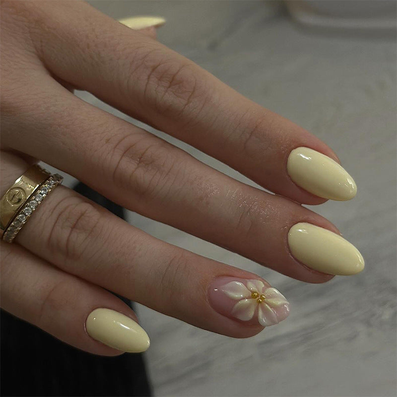 N-201 - Flower & Pale Yellow - Press On Nail Set Of 24 - Free Nail Kit Included