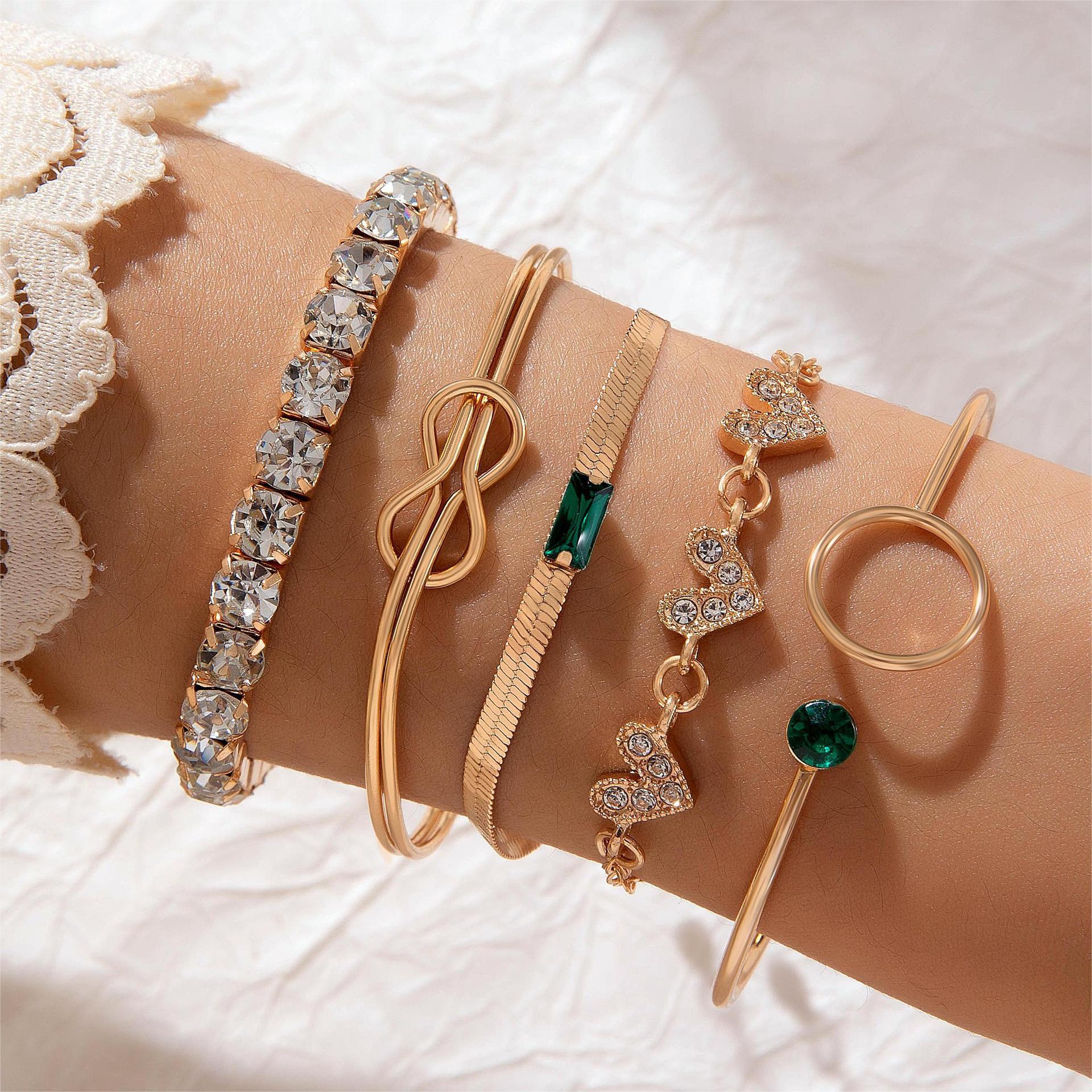 UNI-10146-3- Green Crystal Gem & Gold Bangle   - Bracelet Set Of 5