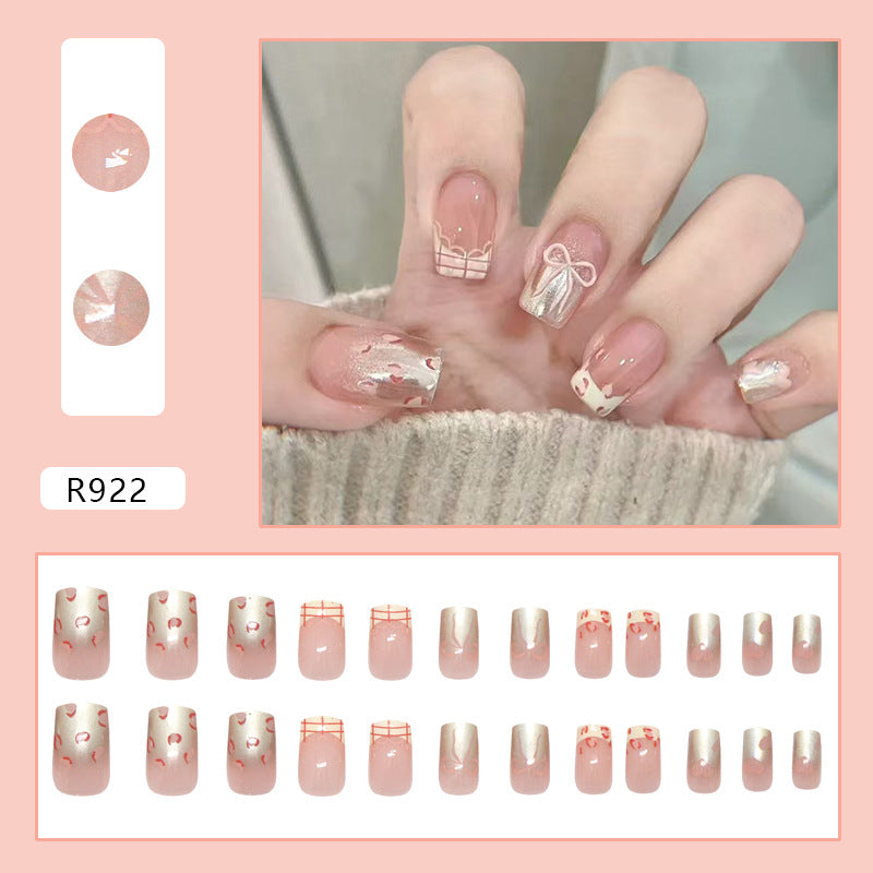 N-154 - Bow & Shiny Pink  - Press On Nail Set Of 24