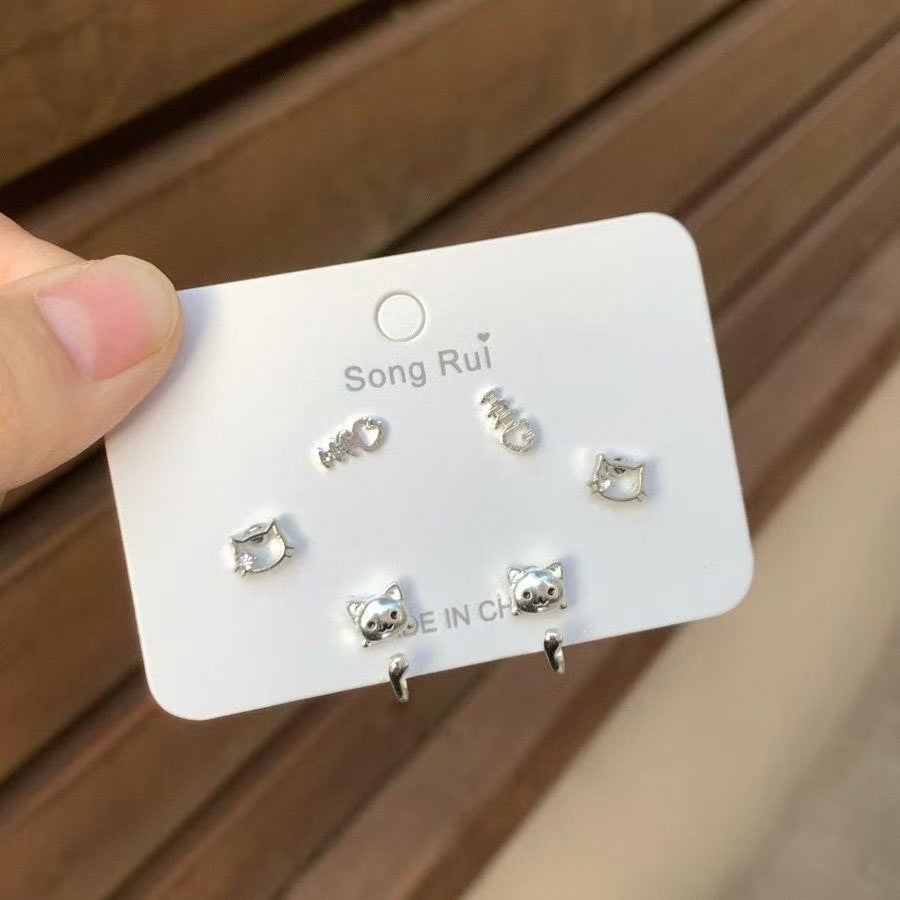 UNI-11588 - Silver Cat & Fish  - Ear Studs Set Of 3