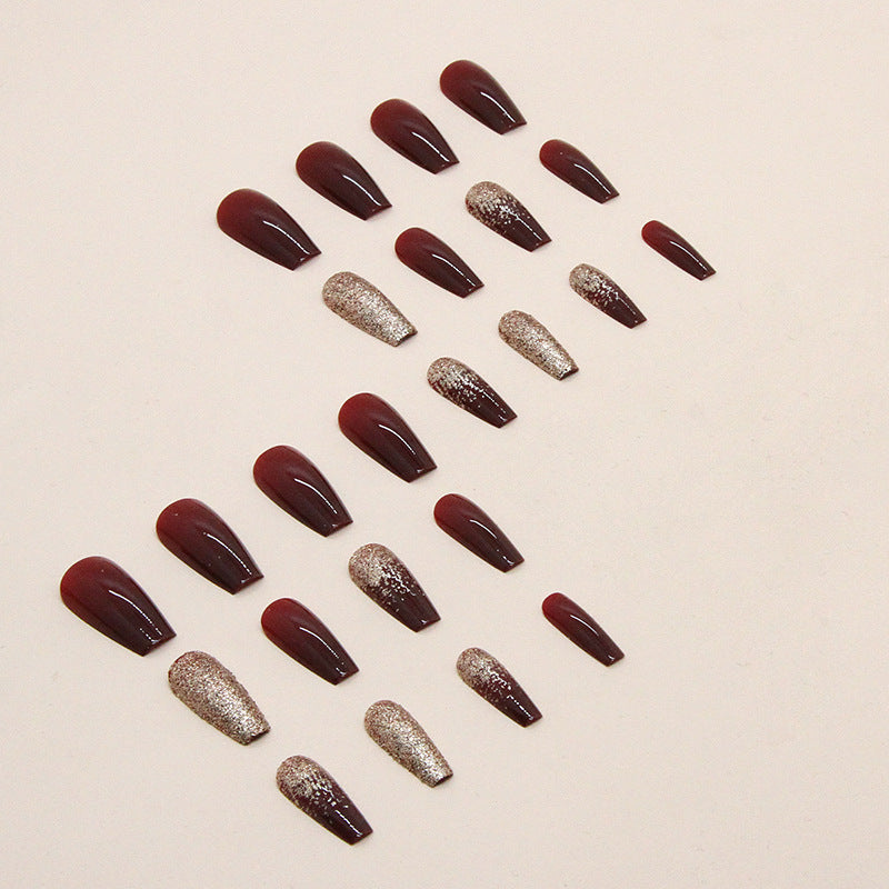 N-225- Glittery Gold & Maroon - Press On Nail Set Of 24 - Free 24 Pcs Sticker Sheet Included