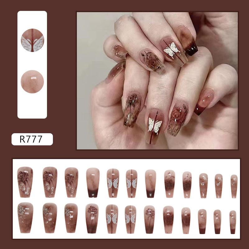 N-153 - Chocolate Brown Sparkle Butterfly  - Press On Nail Set Of 24