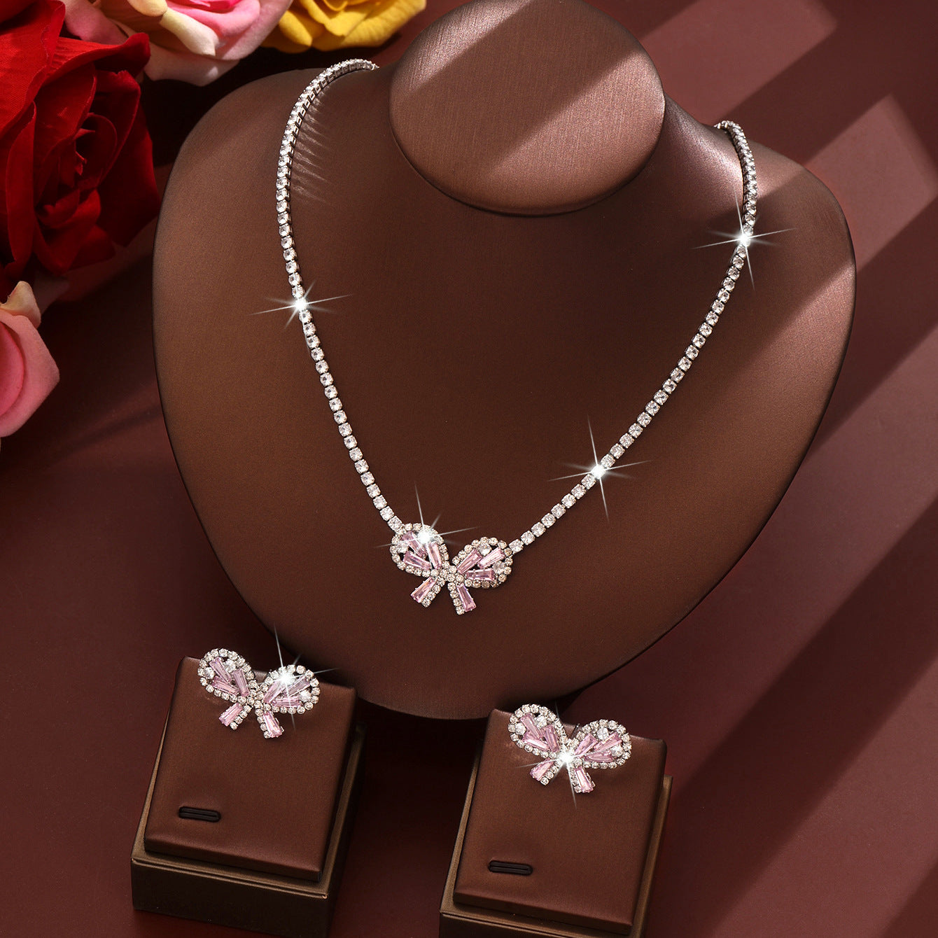 UNI-11380 - Pink Fancy Bow Diamonds Silver - Jewelry Set