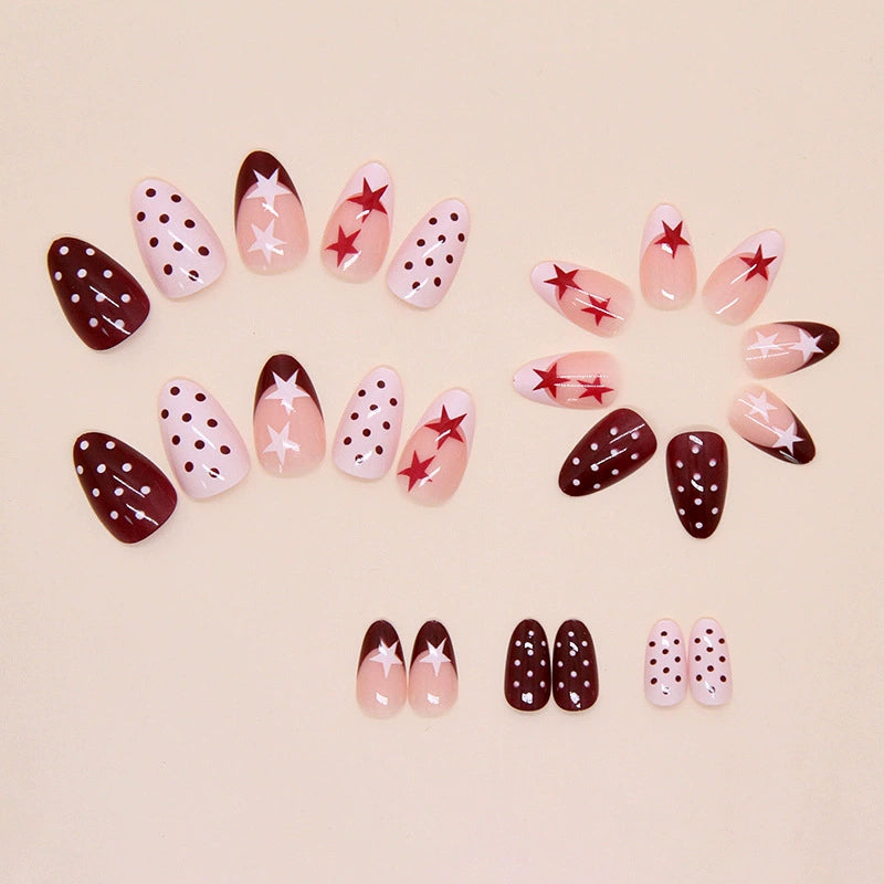 N-500 - Polka & Star Pink - Press On Nail Set Of 24 - Free 24 Pcs Sticker Sheet Included