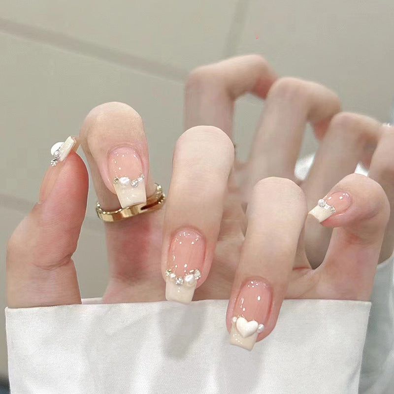 N-166 - White Pearl & Heart - Press On Nail Set Of 24