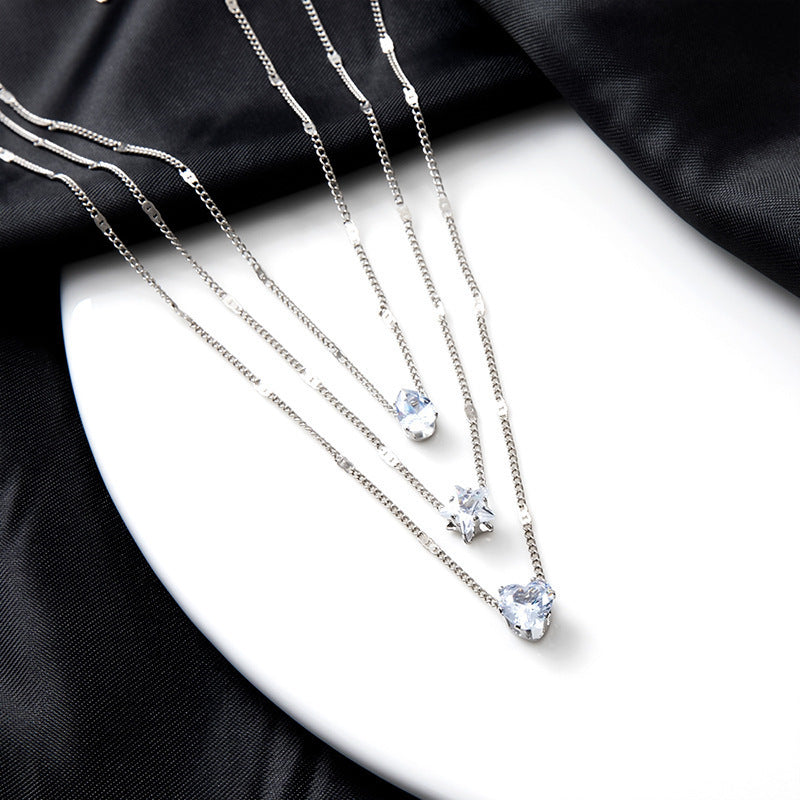 UNI-12413 - Crystal Diamonds 3 Layered Silver - Necklace