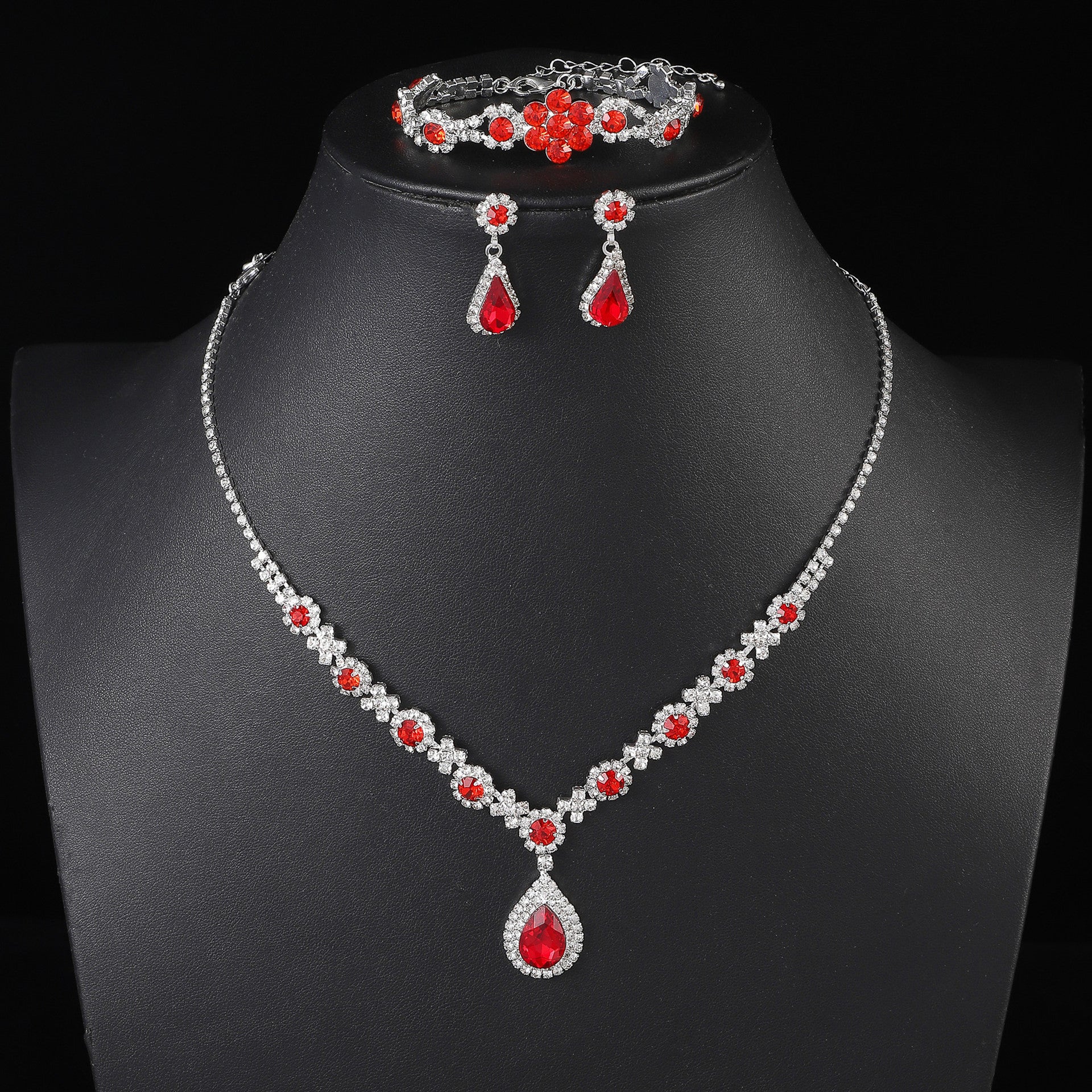 UNI-11941 - Premium Teardrop Red Diamonds Silver - Jewelry Set Of 3