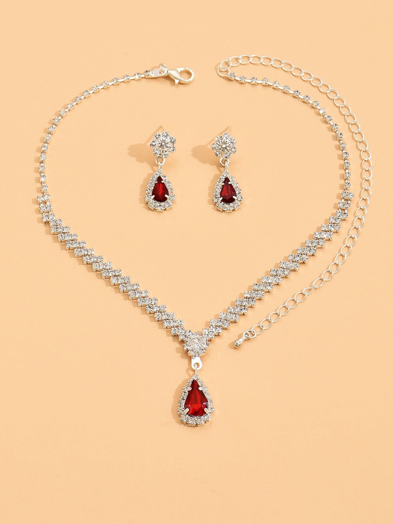 UNI-11363 -Scarlet Red  Luxury Diamonds Silver - Jewelry Set