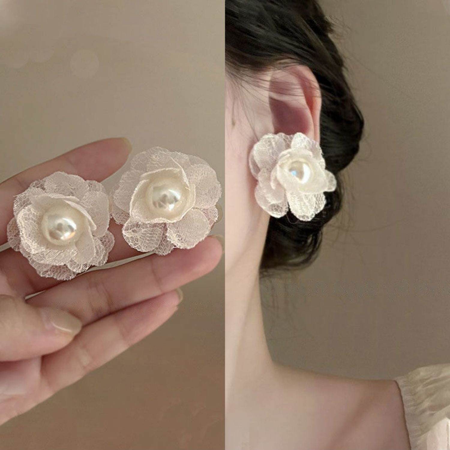 UNI-12249 - Pearl & White Flower - Earring