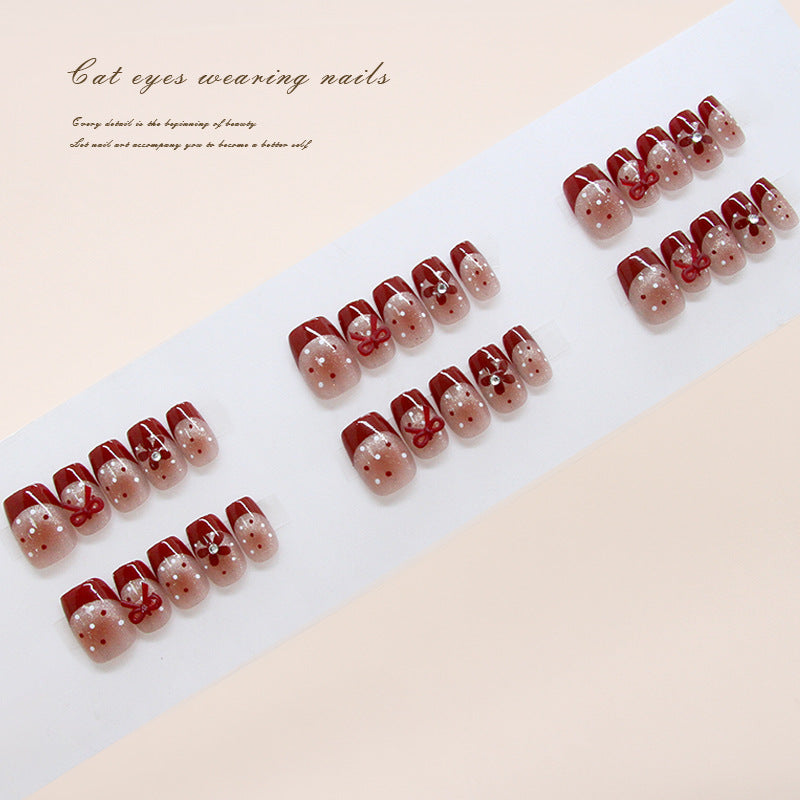 N-472 - Red Flower & Bow - Press On Nail Set Of 24 - Free 24 Pcs Sticker Sheet Included