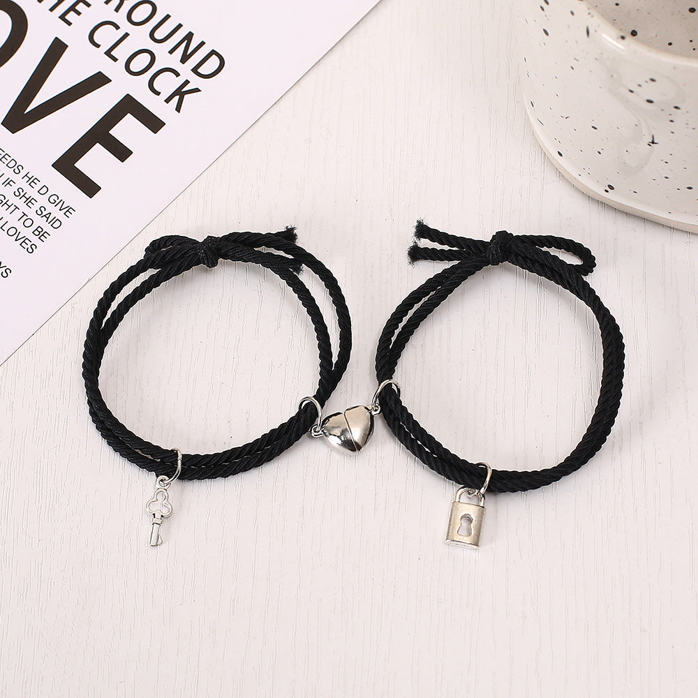 UNI-11718 - Black Lock & Key Magnetic Heart - Bracelet Set