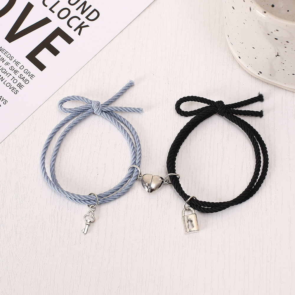 UNI-11724 - Blue & Black Lock & Key Magnetic Heart - Bracelet Set