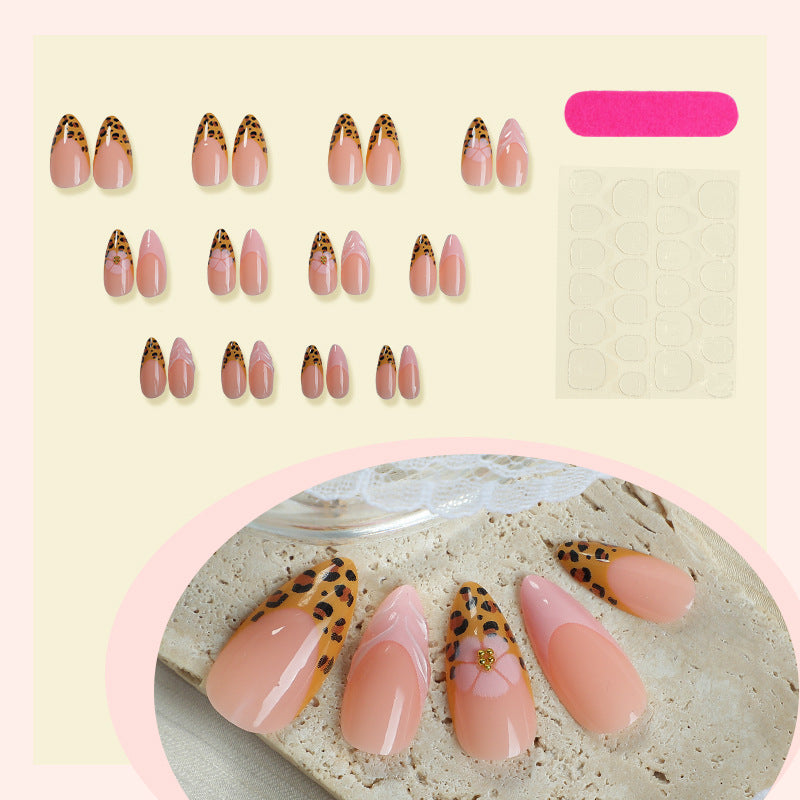 N-209 - Flower & Cheetah Print  - Press On Nail Set Of 24 - Free Nail Kit Included