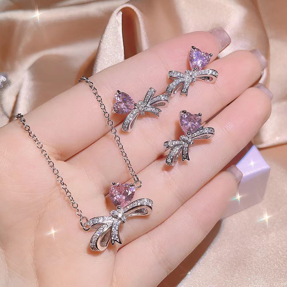 UNI-11035 - Bow Heart Diamond Silver - Jewelry Set