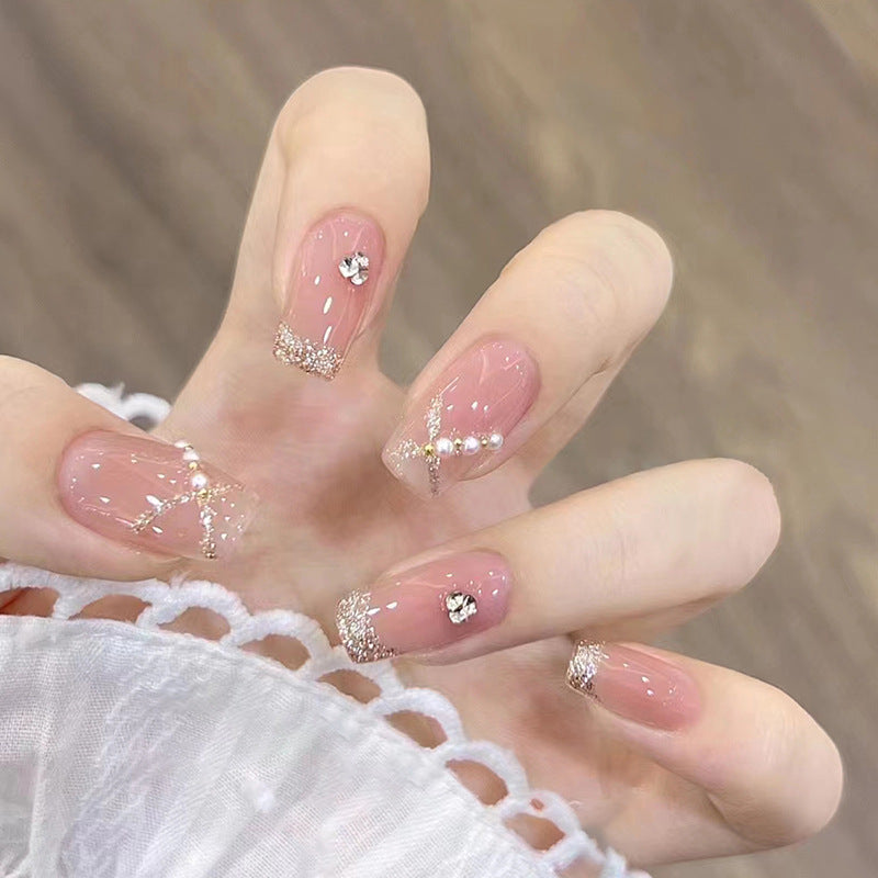 N-391 -  Pink Jelly Pearl & Diamond - Press On Nail Set Of 24 - Free 24 Pcs Sticker Sheet Included
