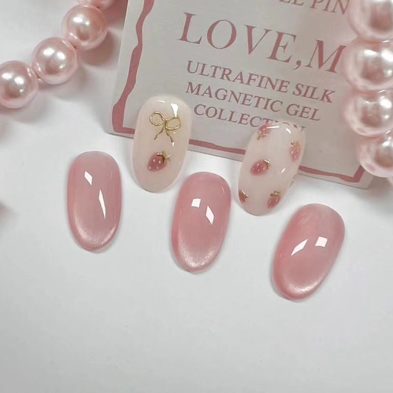 N-175 - Bow & Strawberry Pink Shiny - Press On Nail Set Of 24