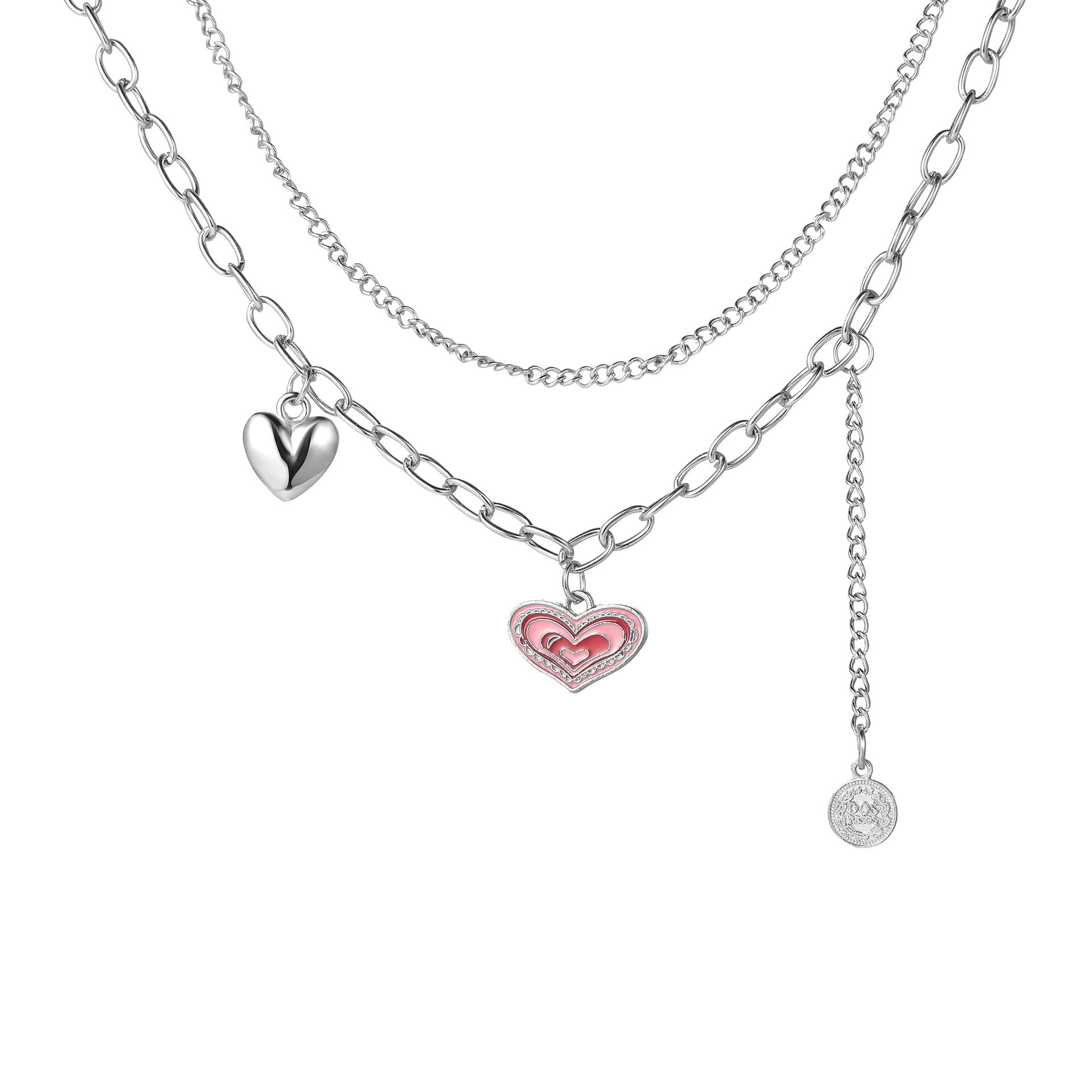 UNI-11206 - Double Layer Heart Silver  - Necklace