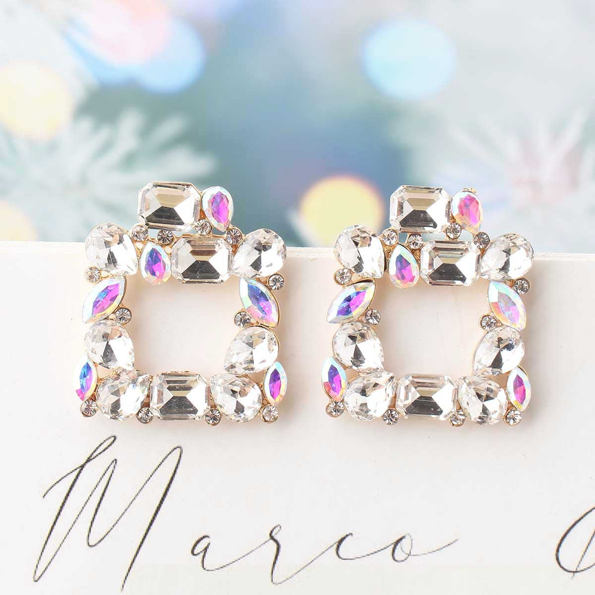UNI-11649 - Square Glass Multi Dimond  - Earring Style 8