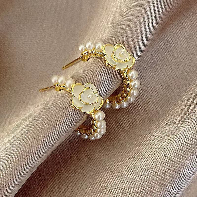 UNI-10021 - Pearl Rose Flower Gold - Earring