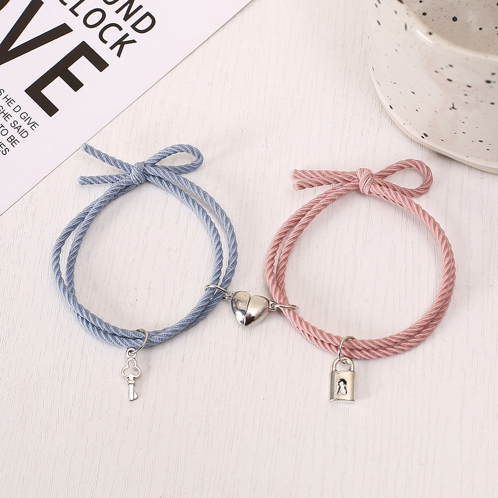 UNI-11726 - Blue & Pink Lock & Key Magnetic Heart - Bracelet Set
