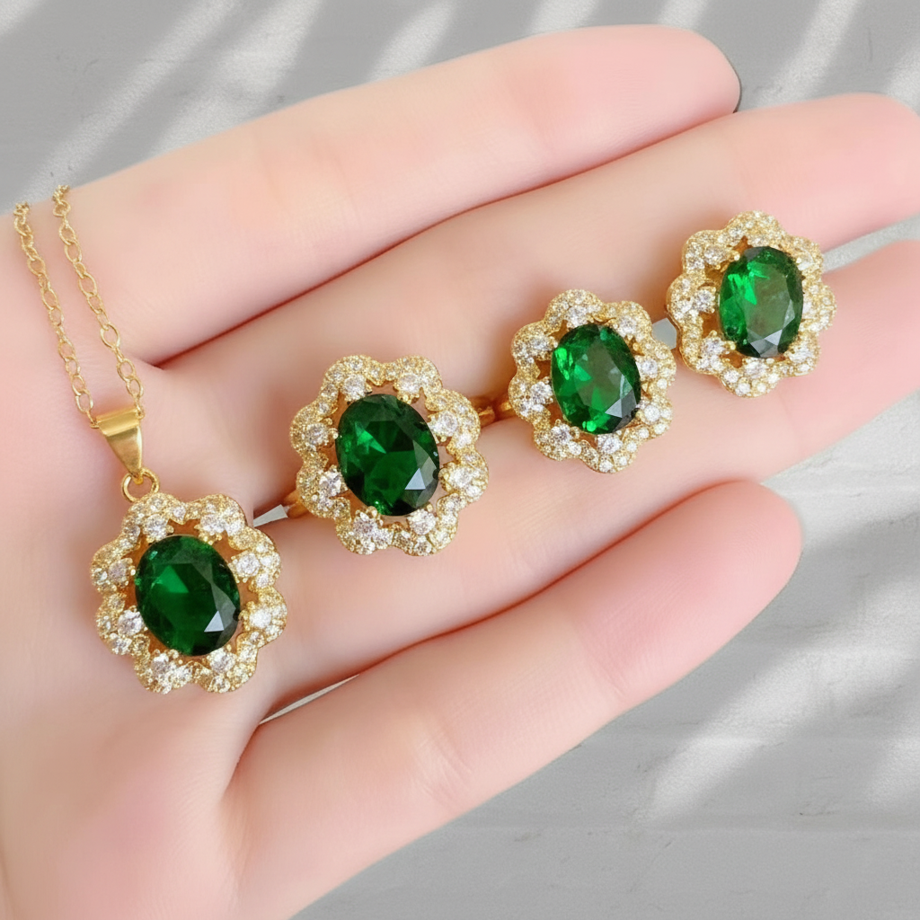 UNI-11045 - Gold  Oval Green Diamond - Jewelry Set