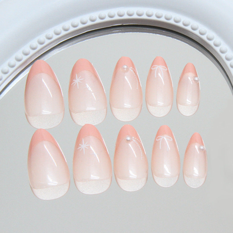 N-515 - Pearl Star Bow Pink - Press On Nail Set Of 24 - Free 24 Pcs Sticker Sheet Included