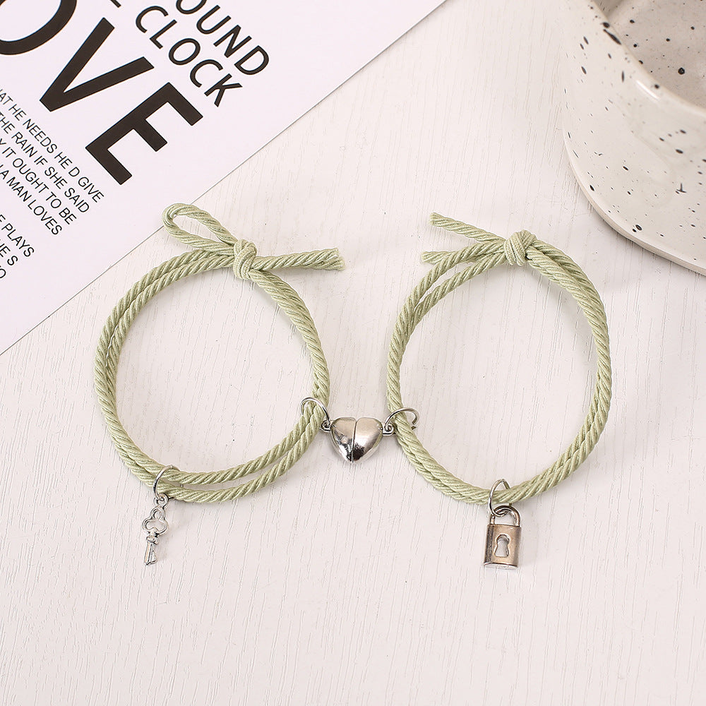 UNI-11721 - Green Lock & Key Magnetic Heart - Bracelet Set