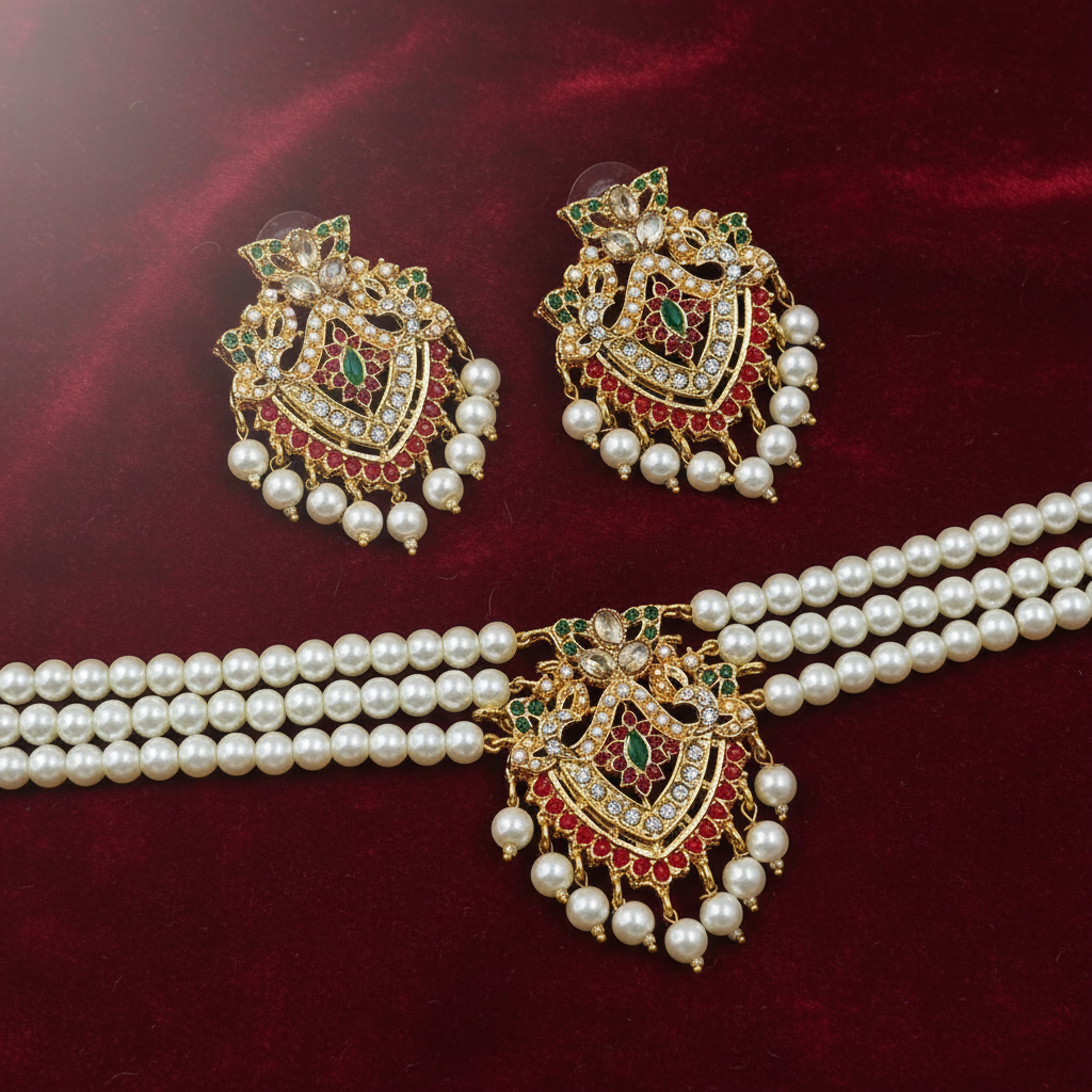 PJ-196 -  Pearl & Green & Maroon Diamonds - Jewelry Set