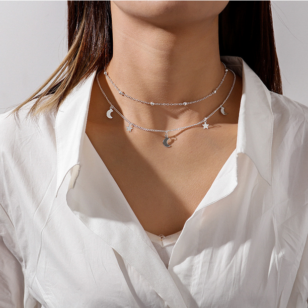 UNI-10457 - Silver Moon & Star Double Layer - Necklace