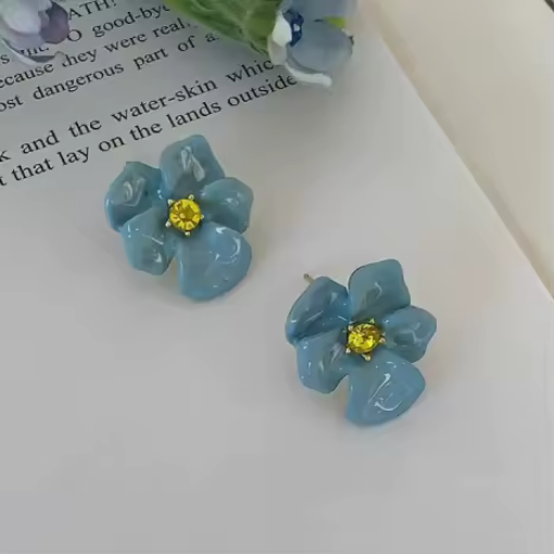 UNI- 11589 - Blue Enameled Flower- Earring