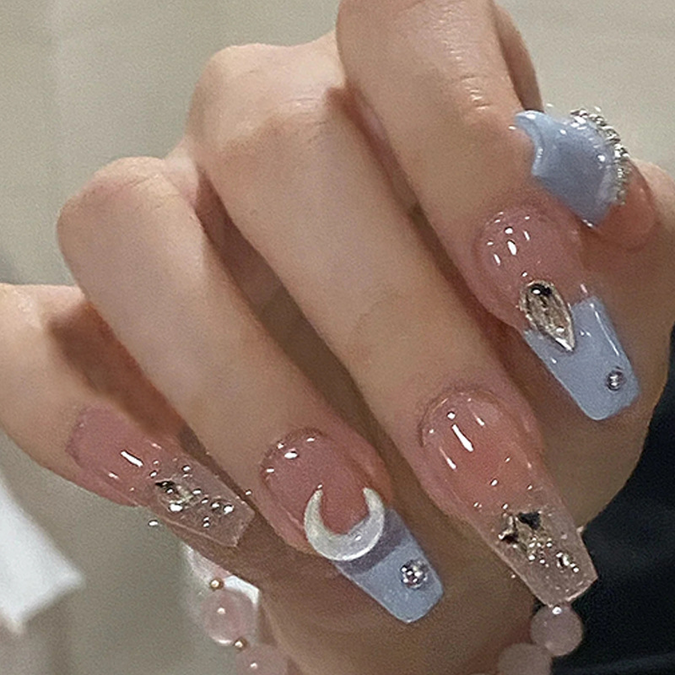 N-171 -Dreamy Moon & Sparkle  - Press On Nail Set Of 24