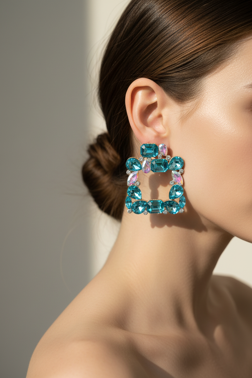 UNI-11652 - Square Glass Multi Dimond  - Earring Style 11