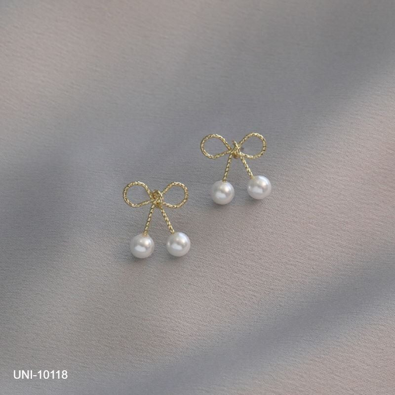 UNI-10118 -Pearl Gold Bow  - Earring