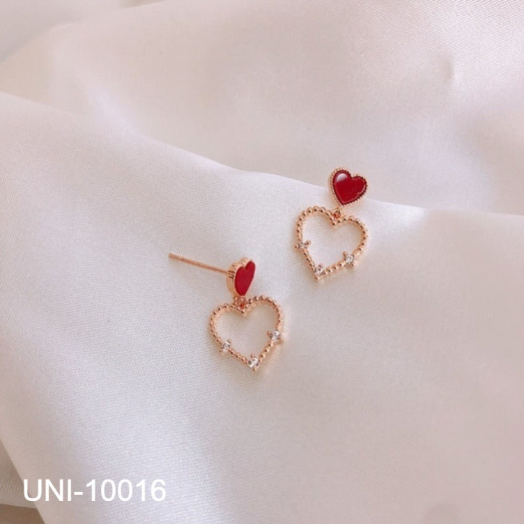 UNI-10016 - Red Heart Crystal Diamonds Gold  - Earring