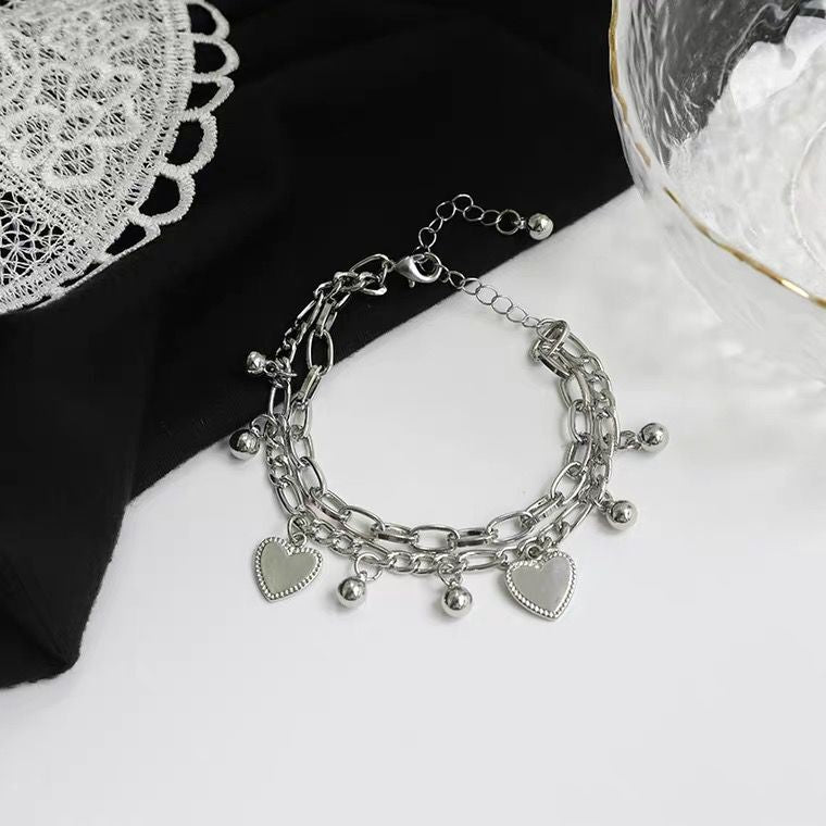 UNI-10025 -Double Layer  Heart Charms Silver - Bracelet