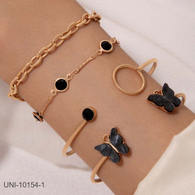 UNI-10154-1 - Black & Gold Butterfly Bangle  - Bracelet Set Of 4