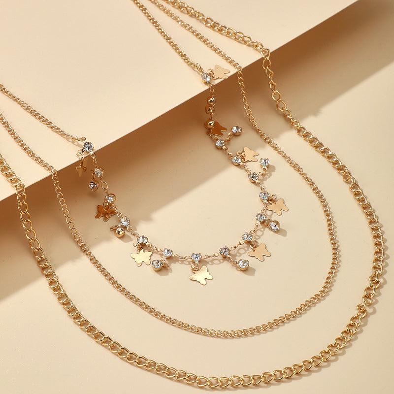 UNI-10152 - 3 Layered  Diamond Butterfly - Necklace